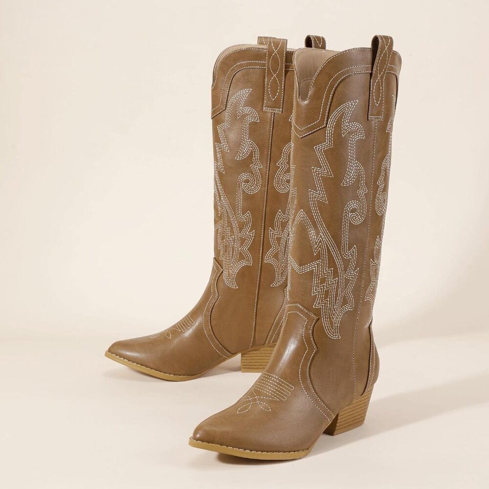 Women's Tan Cowgirl Knee High Western Tall Boot Chunky Low Pointed Toe Booties - Picture 4 of 6